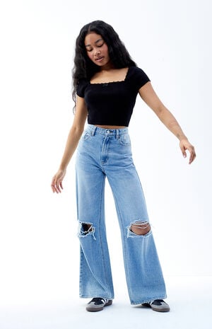 Nora Cropped Wide Leg Jeans Ripped Light Indigo image number 2