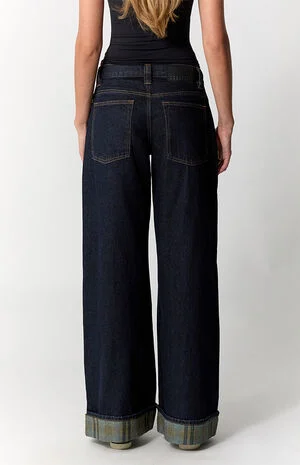 Sloane Low Rise Ultra Baggy Jeans Plaid Roll Cuff Dark Blue image number 4