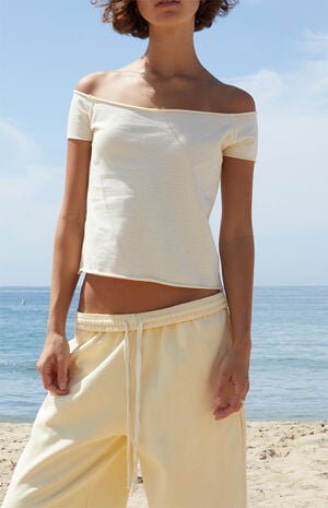 Yellow Striped Bonnie Off-The-Shoulder Crop Top image number 1