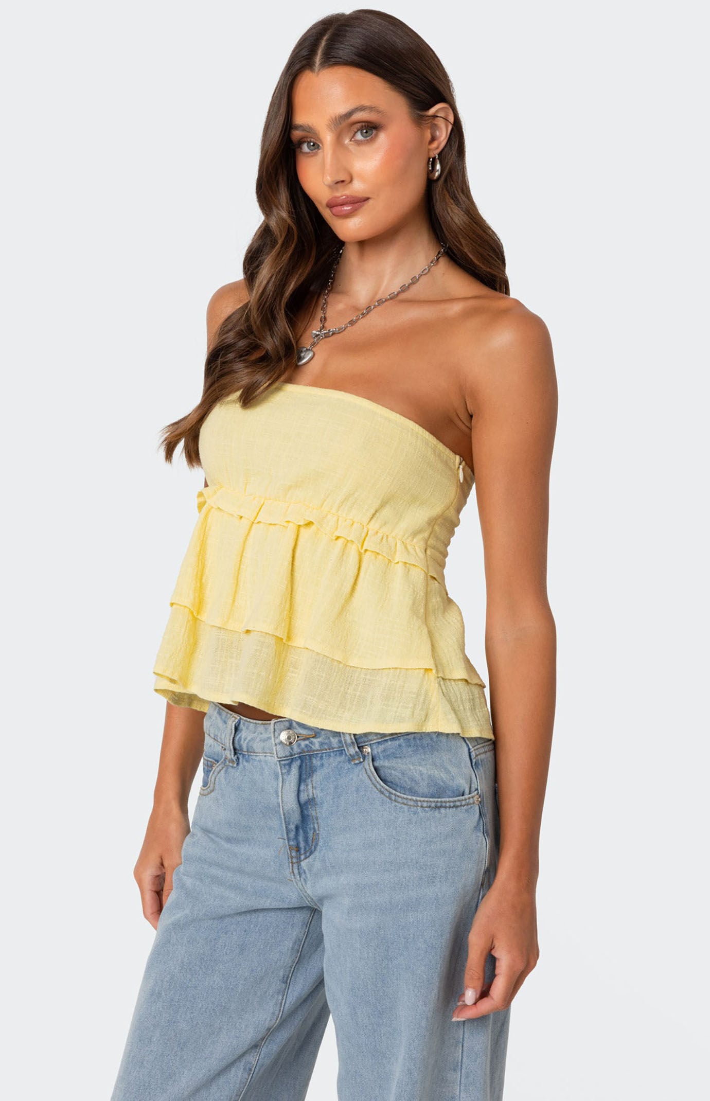Edikted Linen Look Strapless Peplum Top | Pacsun