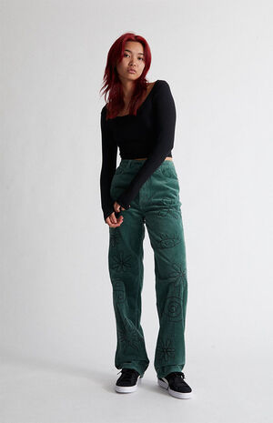 Green Corduroy Embroidered Boyfriend Jeans image number 6