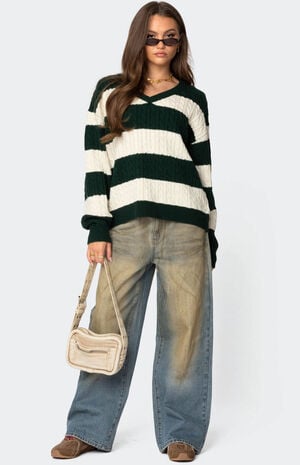 Oversized Striped Cable Knit Sweater image number 5