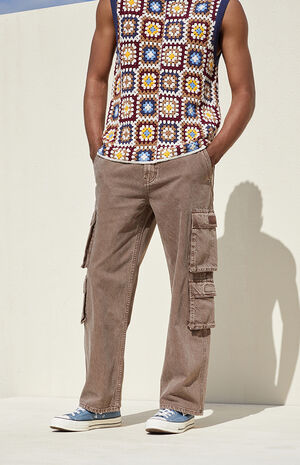 Eco Washed Brown Baggy Cargo Jeans image number 3