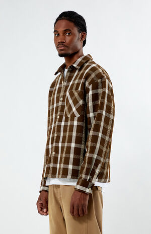 Brown Cropped Plaid Flannel Shirt image number 3