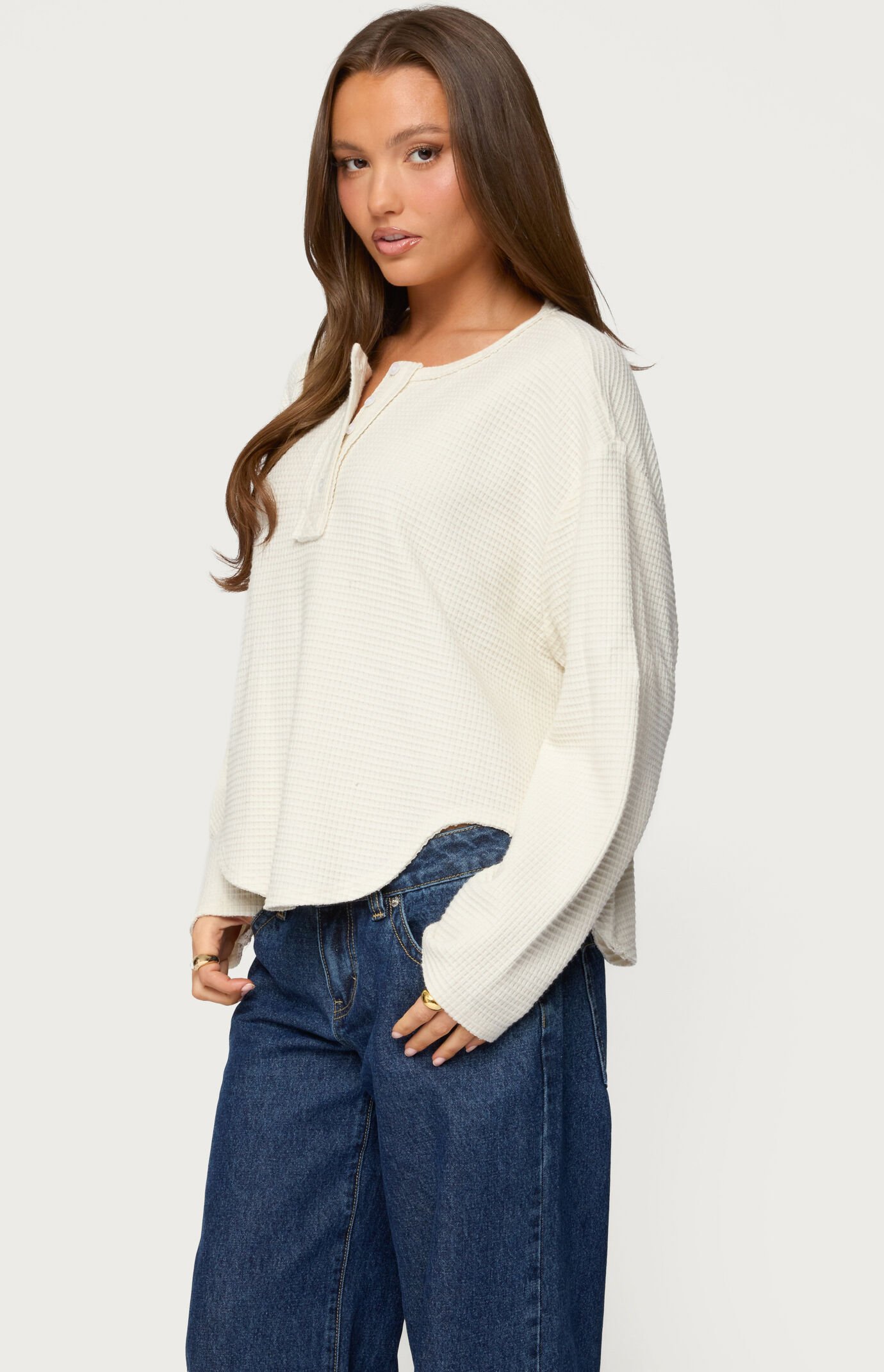 Edikted Alisia Oversized Waffle Henley Top