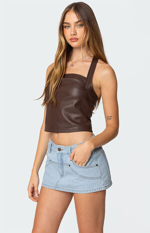 Draped Faux Leather Halter Top image number 3