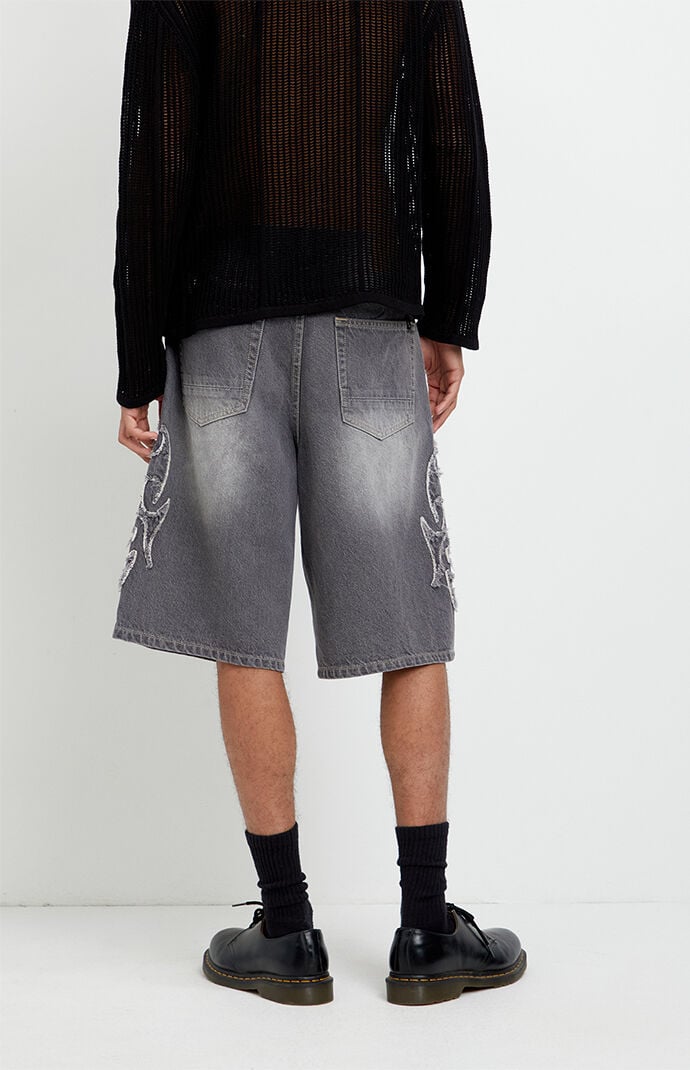 Pacsun Austin Extreme Baggy Jean Shorts Cyber Applique Faded Gray