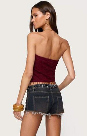 Textured Asymmetric Bead Fringe Strapless Top image number 3