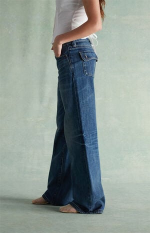 Light Blue Rhinestone Button Pocket Low Rise Baggy Jeans image number 2