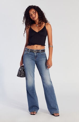 Jade Low Rise Button Pocket Bootcut Jeans Medium Indigo