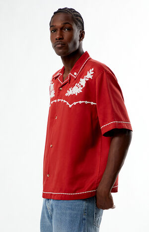 Red Western Embroidered Oversized Resort Camp Shirt image number 3