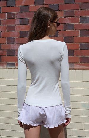 White V-Neck Ribbed Long Sleeve Top image number 3