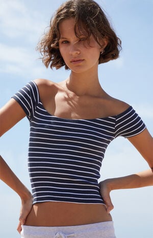 Blue Striped Mayson Off-The-Shoulder Top image number 2