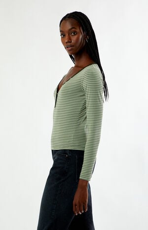 Poppy Striped V-Neck Button Up Long Sleeve Top image number 4