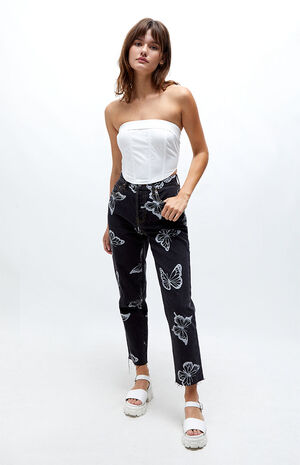 Black Butterfly High Waisted Straight Leg Jeans image number 4