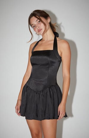 Satin Halter Drop Waist Mini Dress image number 1