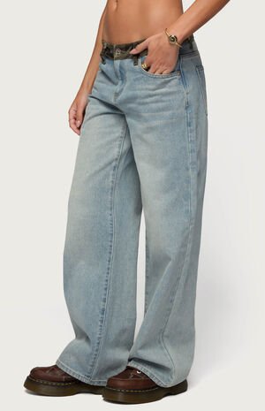 Camo Waist Low Rise Baggy Jeans image number 2