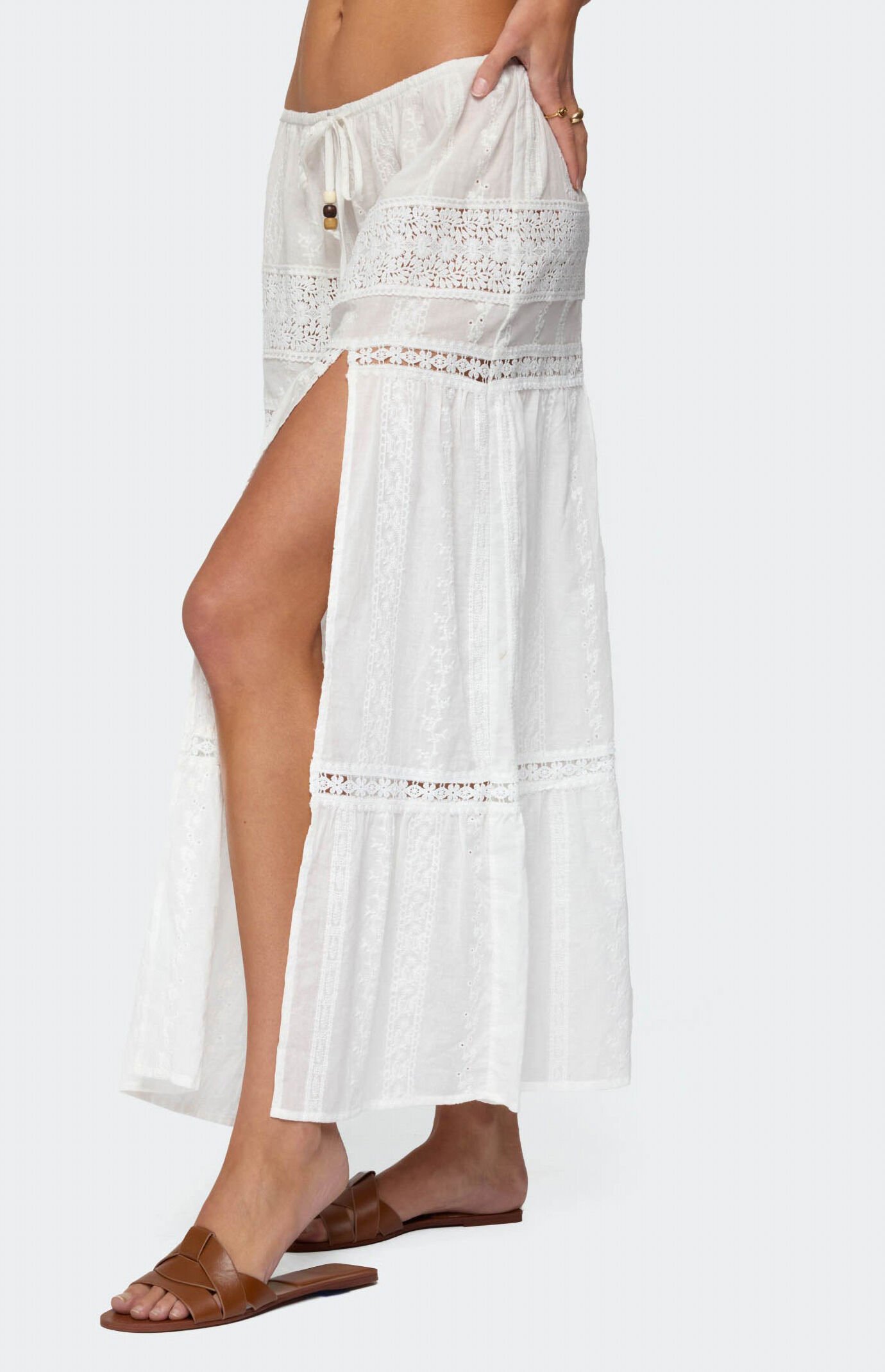 Edikted Embroidered Cotton Lace Slit Maxi Skirt