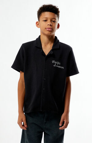 Black Waffle Knit Embroidered Camp Shirt image number 1