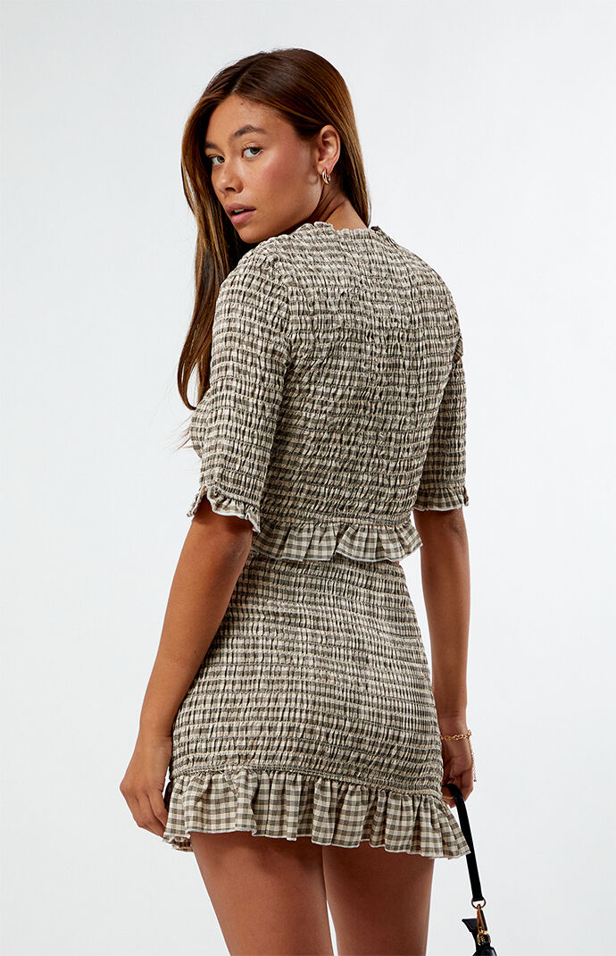 Glamorous Checkerboard Smocked Short Sleeve Top