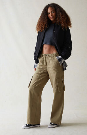 Olive Drawstring Waist Baggy Cargo Pants image number 5