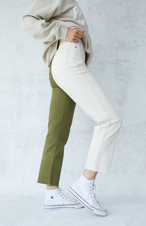 Olive Two-Tone High Waisted Straight Leg Jeans image number 2