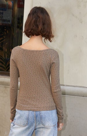 Brown Floral Pointelle Zelly Long Sleeve Top image number 3
