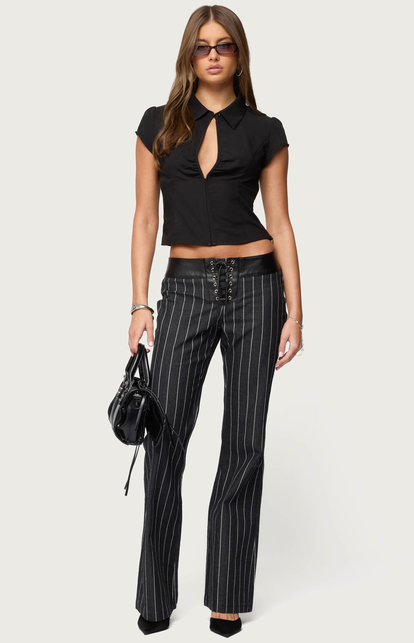 Edikted Pinstripe & Faux Leather Low Rise Flared Jeans