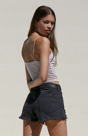 Black Ripped High Waisted Denim Festival Shorts image number 4