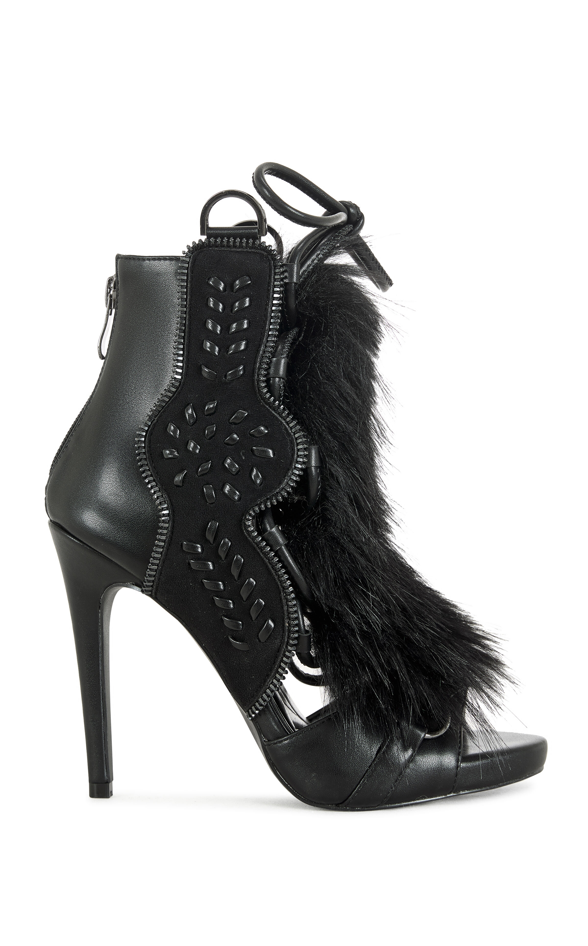 AZALEA WANG Women's Shainy Black Faux Fur Gladiator Sandal Booties