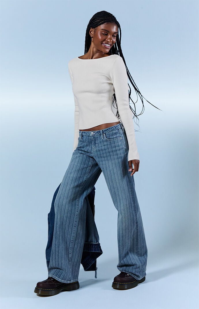 Pacsun Kaia Ultimate Low Rise Baggy Jeans Stretch Striped Light Blue