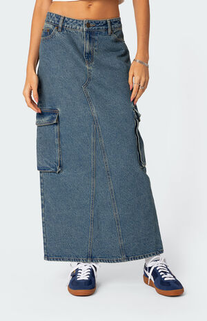 Slitted Cargo Denim Maxi Skirt image number 3
