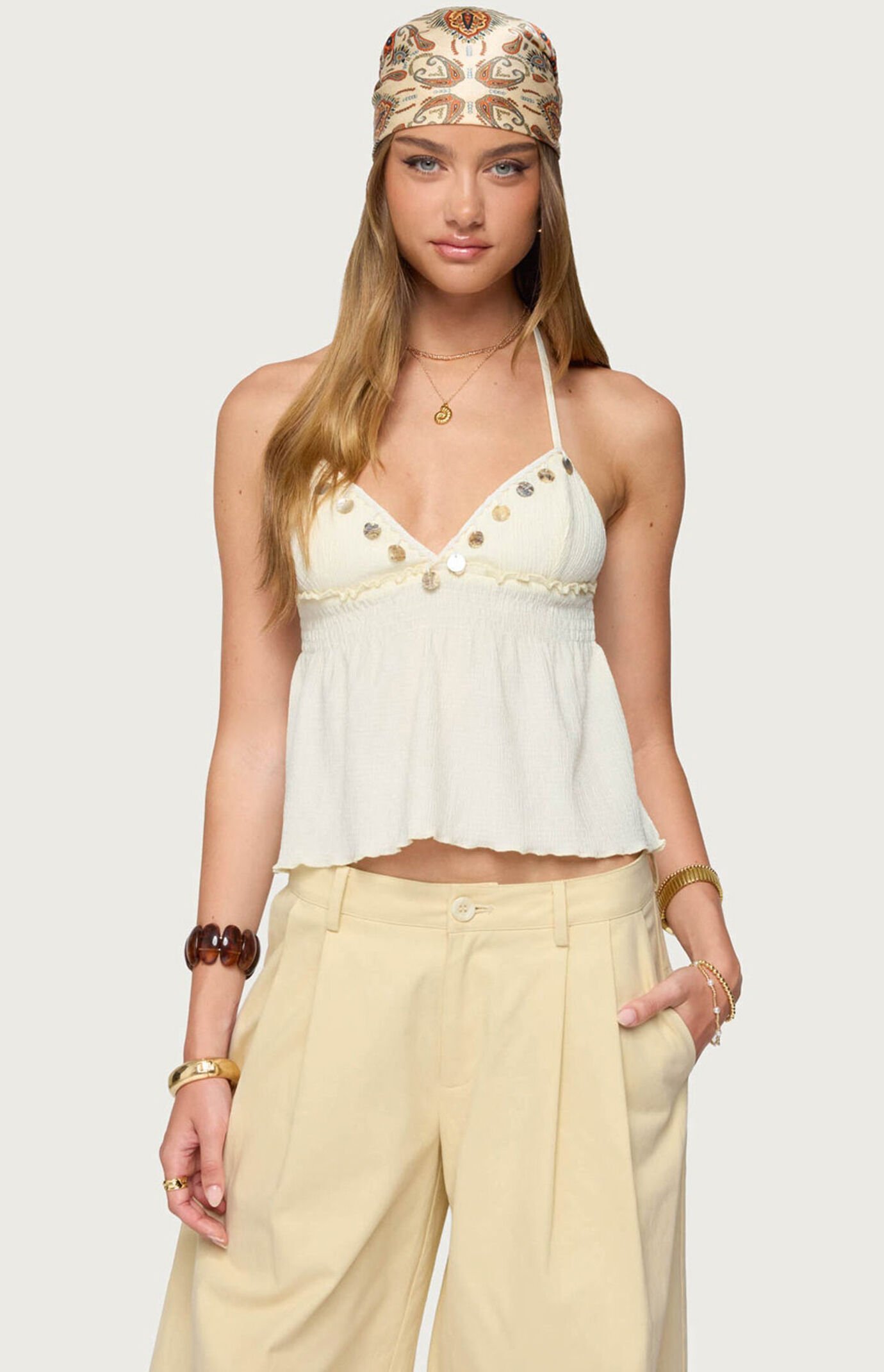 Edikted Textured Iridescent Babydoll Halter Top