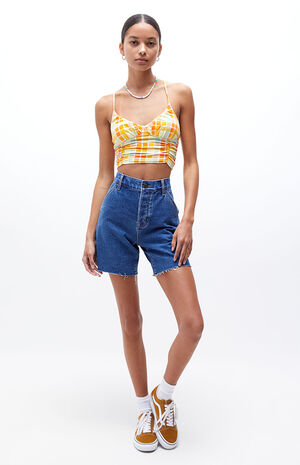 Dark Blue High Waisted Boyfriend Carpenter Shorts image number 6