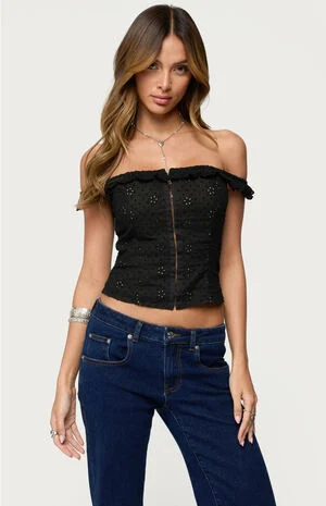 Jordana Ruffle Eyelet Off Shoulder Top image number 1