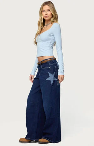 Trish Satin Effect Stars Low Rise Jeans image number 4
