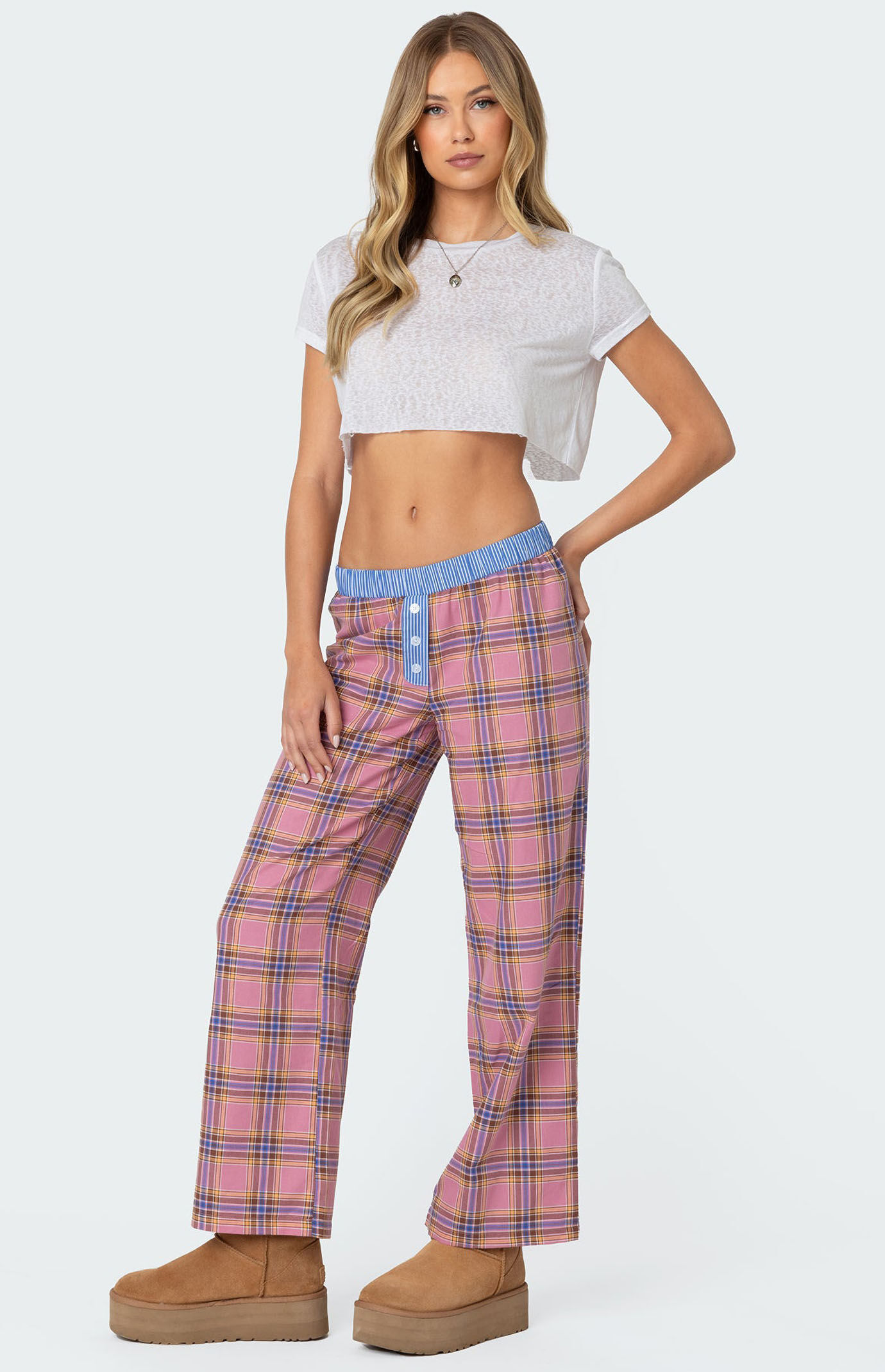 Edikted Women s Plaid Stripe Pants Pink