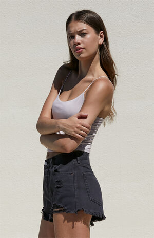 Black Ripped High Waisted Denim Festival Shorts image number 3