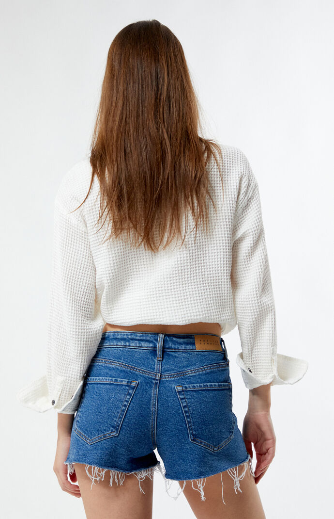PacSun Eco Stretch Dark Indigo Frayed High Waisted Denim Festival Shorts |  PacSun