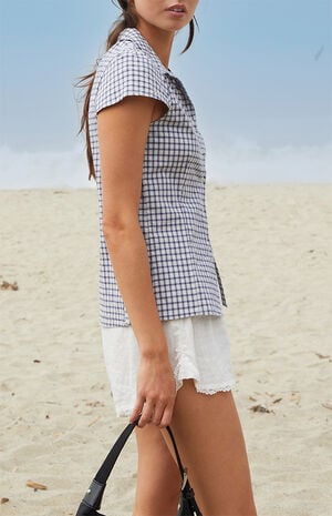 White Rue Plaid Collared Top image number 3