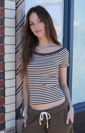 Brown & White Striped Ginny Off-The-Shoulder Top image number 1