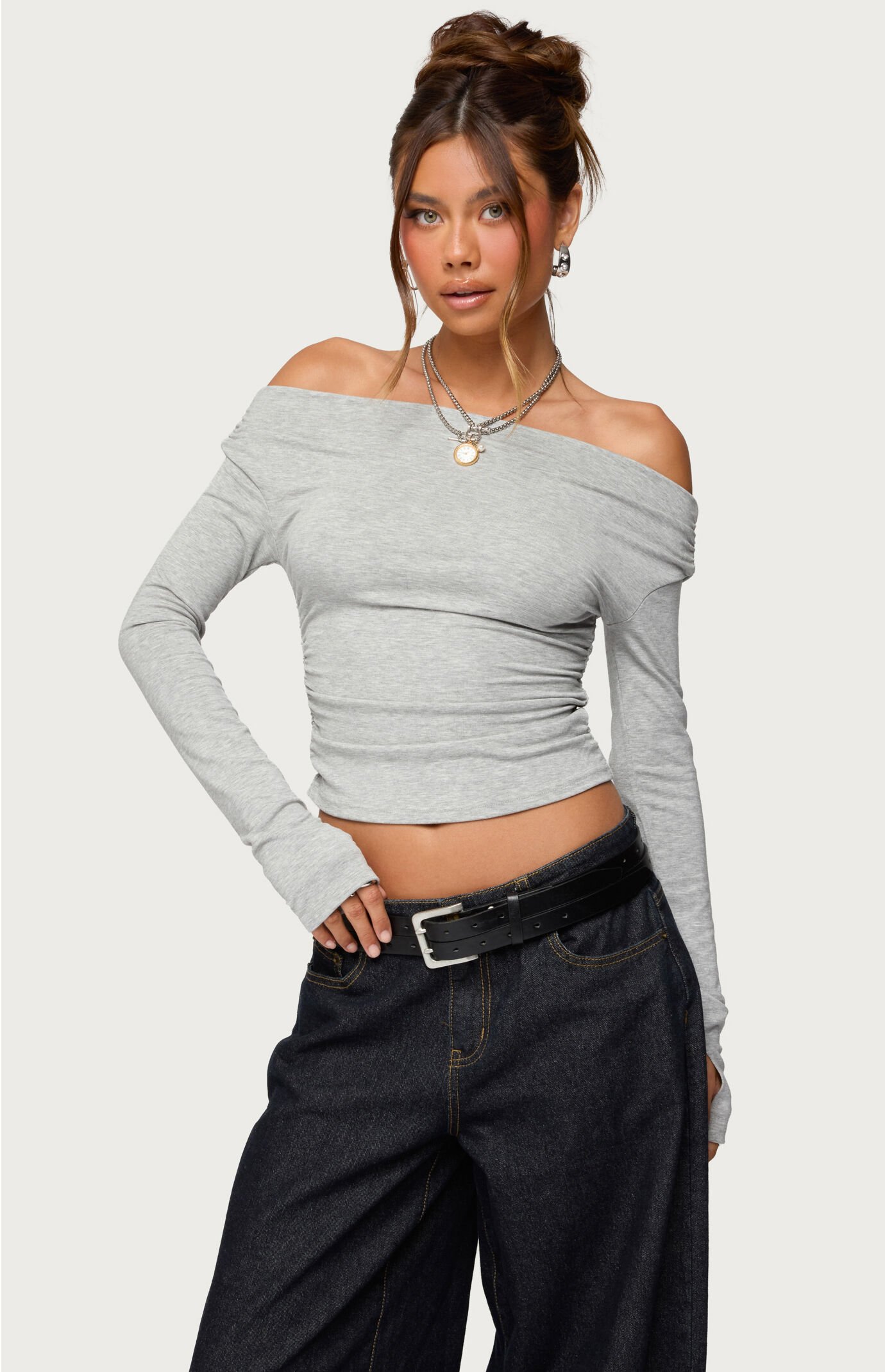 Edikted Milane Ruched Off Shoulder Ribbed Top