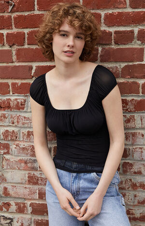 Black Ruched Cap Sleeve Top image number 1