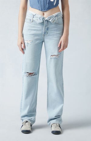 Eco Light Indigo Fold-Over Ripped '90s Boyfriend Jeans