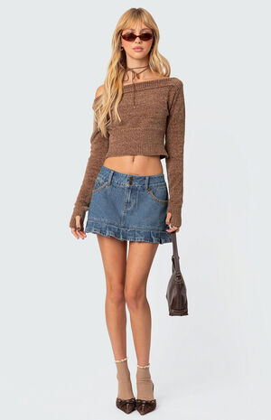 Pleated Hem Washed Denim Mini Skirt image number 2