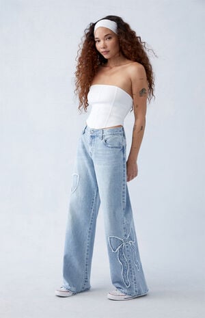 Light Indigo Bow Low Rise Baggy Jeans image number 1