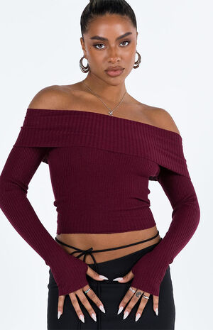 Eco Burgundy Morley Off-The-Shoulder Sweater image number 2