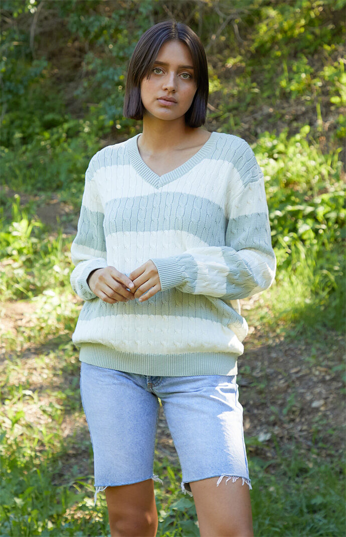 John Galt Women's Striped Nikki V-Neck Cable Knit Sweater in White/Green
