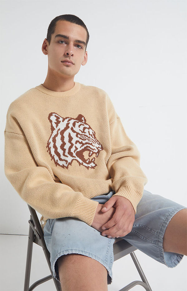 PacSun Cropped u0026 Destroyed Tiger Crew Neck Sweater | PacSun