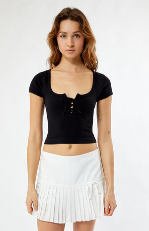 Lace-Up Waffle Knit T-Shirt image number 2